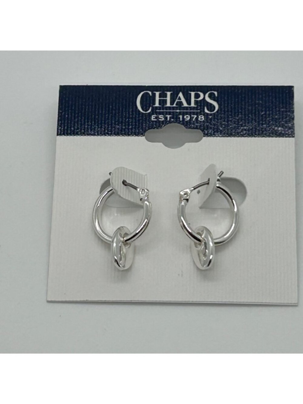 Chaps Silver Tone Hoop Small Dangle Charm Disc Coin Drop Pierced Modern - Picture 2 of 14